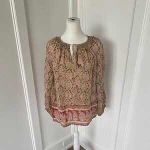Lucky Brand Womens Floral Paisley Smocked Peasant Long Sleeve Blouse Size Medium